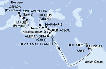 Taliansko, Grécko, Turecko, Cyprus, Egypt, Omán, Katar z Janova na lodi MSC World Europa