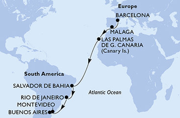 Španielsko, Brazília, Uruguaj, Argentína z Barcelony na lodi MSC Splendida