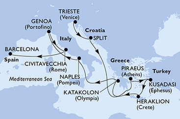 Taliansko, Chorvátsko, Grécko, Turecko, Španielsko z Trieste na lodi MSC Splendida