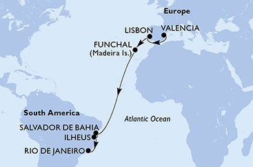 Španielsko, Portugalsko, Brazília z Valencie na lodi MSC Musica