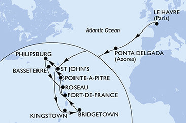 Francie, Portugalsko, Antigua a Barbuda, Svätý Vincent a Grenadiny, Barbados, Martinik, Guadeloupe, Svatý Martin, Svätý Krištof a Nevis, Dominika z Le Havre na lodi MSC Meraviglia