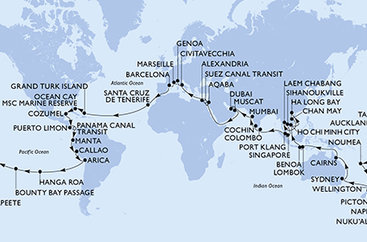 Taliansko, Francúzsko, Španielsko, Veľká Británia, Bahamy, Mexiko, Kostarika, Panama, Ekvádor, Peru, Chile, Zámořské území Velké Británie, Francouzská Polynésie, Tonga, Nová Kaledonie, Nový Zéland, , Austrália, Indonézia, Vietnam, Thajsko, Kambodža, Singapur, Malajzia, Srí Lanka, India, Spojené arabské emiráty, Omán, Jordánsko, Egypt z Civitavechie na lodi MSC Magnifica
