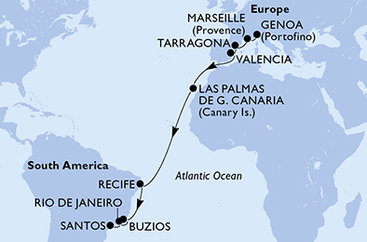 Taliansko, Francúzsko, Tarragona, Španielsko, Brazília z Janova na lodi MSC Sinfonia