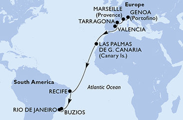 Taliansko, Francúzsko, Tarragona, Španielsko, Brazília z Janova na lodi MSC Sinfonia