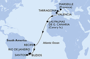 Francúzsko, Tarragona, Španielsko, Brazília z Marseille na lodi MSC Sinfonia