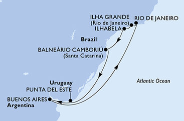 Argentína, Brazília, Uruguaj z Buenos Aires na lodi MSC Splendida