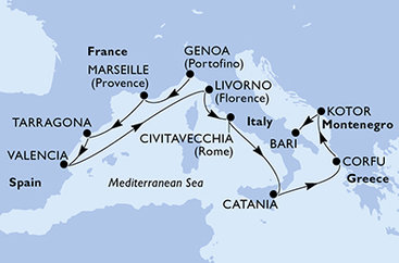 Taliansko, Francúzsko, Tarragona, Španielsko, Grécko, Čierna Hora z Janova na lodi MSC Orchestra