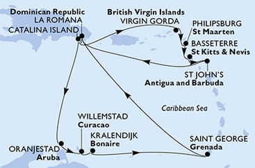 Dominikánska republika, Aruba, Curacao, Bonaire, Grenada, Veľká Británia, Svatý Martin, Svätý Krištof a Nevis, Antigua a Barbuda z La Romany na lodi MSC Opera