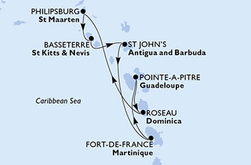 Martinik, Guadeloupe, Dominika, Svatý Martin, Svätý Krištof a Nevis, Antigua a Barbuda z Fort de France na lodi MSC Meraviglia