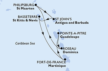 Martinik, Guadeloupe, Dominika, Svatý Martin, Antigua a Barbuda, Svätý Krištof a Nevis z Fort de France na lodi MSC Meraviglia