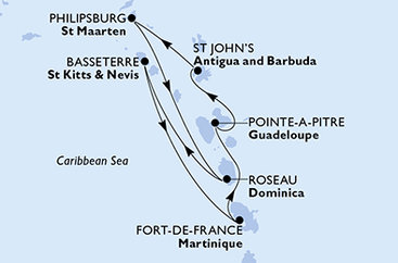 Martinik, Guadeloupe, Antigua a Barbuda, Svatý Martin, Dominika, Svätý Krištof a Nevis z Fort de France na lodi MSC Meraviglia