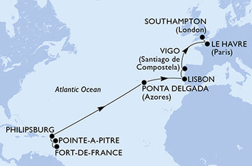 Martinik, Guadeloupe, Svatý Martin, Portugalsko, Španielsko, Francie, Veľká Británia z Fort de France na lodi MSC Meraviglia