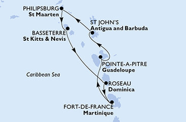 Guadeloupe, Antigua a Barbuda, Svatý Martin, Svätý Krištof a Nevis, Dominika, Martinik z Pointe-à-Pitre na lodi MSC Meraviglia
