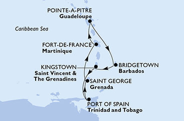 Guadeloupe, Barbados, Svätý Vincent a Grenadiny, Trinidad a Tobago, Grenada, Martinik z Pointe-à-Pitre na lodi MSC Meraviglia