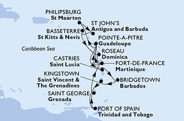 Barbados, Svätý Vincent a Grenadiny, Trinidad a Tobago, Grenada, Martinik, Guadeloupe, Svatý Martin, Antigua a Barbuda, Svätý Krištof a Nevis, Dominika, Svätá Lucia z Bridgetownu na lodi MSC Meraviglia