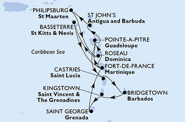 Barbados, Svätý Vincent a Grenadiny, Grenada, Martinik, Guadeloupe, Antigua a Barbuda, Svatý Martin, Dominika, Svätý Krištof a Nevis, Svätá Lucia z Bridgetownu na lodi MSC Meraviglia