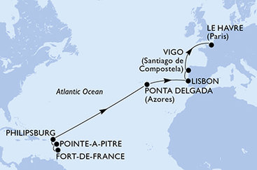 Martinik, Guadeloupe, Svatý Martin, Portugalsko, Španielsko, Francie z Fort de France na lodi MSC Meraviglia