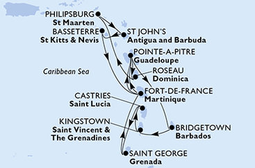 Barbados, Svätý Vincent a Grenadiny, Svätá Lucia, Grenada, Martinik, Guadeloupe, Dominika, Svatý Martin, Antigua a Barbuda, Svätý Krištof a Nevis z Bridgetownu na lodi MSC Meraviglia