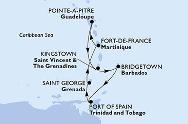 Martinik, Guadeloupe, Svätý Vincent a Grenadiny, Barbados, Trinidad a Tobago, Grenada z Fort de France na lodi MSC Meraviglia