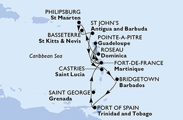 Barbados, Trinidad a Tobago, Grenada, Martinik, Guadeloupe, Dominika, Svatý Martin, Svätý Krištof a Nevis, Antigua a Barbuda, Svätá Lucia z Bridgetownu na lodi MSC Meraviglia