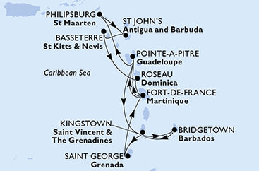 Barbados, Svätý Vincent a Grenadiny, Grenada, Martinik, Guadeloupe, Svatý Martin, Antigua a Barbuda, Svätý Krištof a Nevis, Dominika z Bridgetownu na lodi MSC Meraviglia