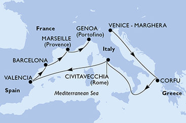 Taliansko, Grécko, Španielsko, Francúzsko z Marghery na lodi MSC Lirica