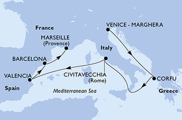 Taliansko, Grécko, Španielsko, Francúzsko z Marghery na lodi MSC Lirica