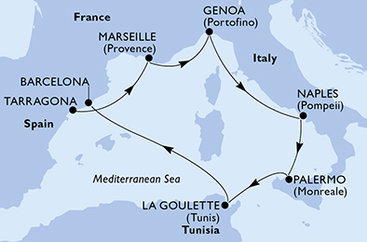 Tarragona, Francúzsko, Taliansko, Tunisko, Španielsko z Tarragony na lodi MSC Euribia