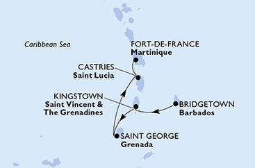 Barbados, Svätý Vincent a Grenadiny, Grenada, Svätá Lucia, Martinik z Bridgetownu na lodi MSC Virtuosa