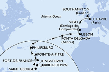 Barbados, Svätý Vincent a Grenadiny, Grenada, Martinik, Guadeloupe, Svatý Martin, Portugalsko, Španielsko, Francie, Veľká Británia z Bridgetownu na lodi MSC Meraviglia