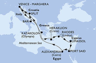 Taliansko, Chorvátsko, Grécko, Cyprus, Egypt z Bari na lodi MSC Lirica