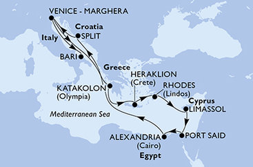 Taliansko, Grécko, Cyprus, Egypt, Chorvátsko z Marghery na lodi MSC Lirica