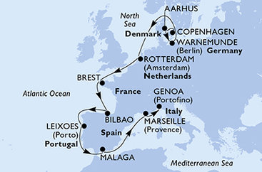 Dánsko, Nemecko, Holandsko, Francie, Španielsko, Portugalsko, Francúzsko, Taliansko z Kodaně na lodi MSC Magnifica