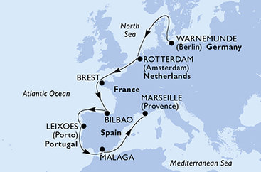 Nemecko, Holandsko, Francie, Španielsko, Portugalsko, Francúzsko z Warnemünde na lodi MSC Magnifica