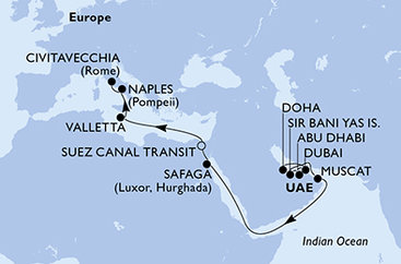 Katar, Spojené arabské emiráty, Omán, Egypt, Malta, Taliansko z Dohy na lodi MSC World Europa