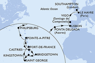 Guadeloupe, Svätá Lucia, Barbados, Svätý Vincent a Grenadiny, Grenada, Martinik, Svatý Martin, Portugalsko, Španielsko, Francie, Veľká Británia z Pointe-à-Pitre na lodi MSC Meraviglia