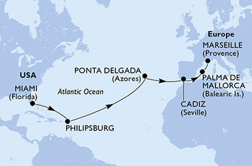 USA, Svatý Martin, Portugalsko, Španielsko, Francúzsko z Miami na lodi MSC Seashore