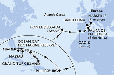 USA, Veľká Británia, Bahamy, Svatý Martin, Portugalsko, Španielsko, Francúzsko z Miami na lodi MSC Seashore