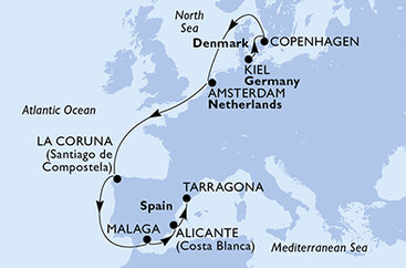 Nemecko, Dánsko, Holandsko, Španielsko, Tarragona z Kielu na lodi MSC Euribia