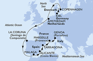 Nemecko, Dánsko, Holandsko, Španielsko, Tarragona, Francúzsko, Taliansko z Kielu na lodi MSC Euribia