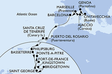Taliansko, Francúzsko, Španielsko, Svatý Martin, Svätý Krištof a Nevis, Svätý Vincent a Grenadiny, Barbados, Grenada, Martinik, Guadeloupe z Janova na lodi MSC Seaview