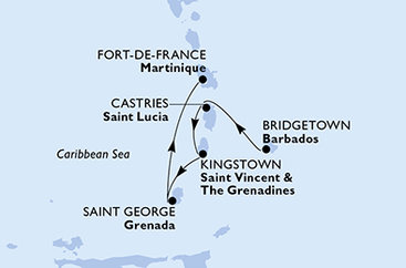 Barbados, Svätá Lucia, Svätý Vincent a Grenadiny, Grenada, Martinik z Bridgetownu na lodi MSC Virtuosa