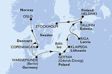 Oslo, Dánsko, Nemecko, Poľsko, Litva, Lotyšsko, Estónsko, Fínsko, Švédsko z Osla na lodi MSC Magnifica