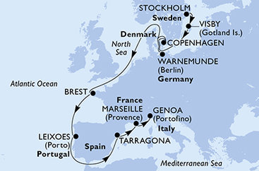 Švédsko, Dánsko, Nemecko, Francie, Portugalsko, Tarragona, Francúzsko, Taliansko zo Štokholmu na lodi MSC Magnifica