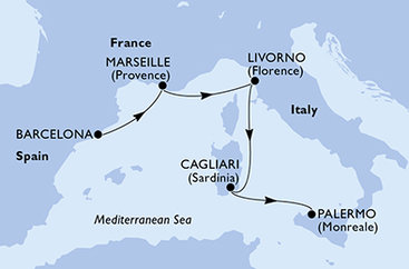 Španielsko, Francúzsko, Taliansko z Barcelony na lodi MSC Splendida