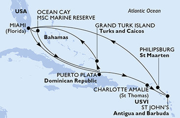 USA, Dominikánska republika, Antigua a Barbuda, Svatý Martin, Bahamy, Veľká Británia z Miami na lodi MSC Seashore