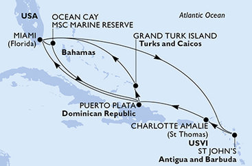 USA, Bahamy, Dominikánska republika, Veľká Británia, Antigua a Barbuda z Miami na lodi MSC Seashore