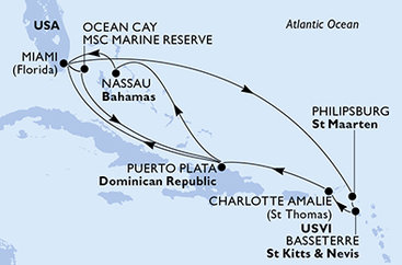USA, Bahamy, Dominikánska republika, Svatý Martin, Svätý Krištof a Nevis z Miami na lodi MSC Seashore