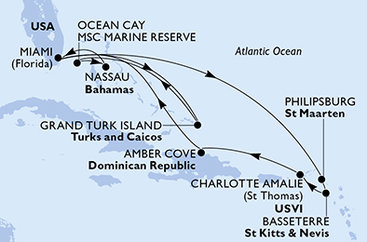 USA, Svatý Martin, Svätý Krištof a Nevis, Dominikánska republika, Veľká Británia, Bahamy z Miami na lodi MSC Seashore
