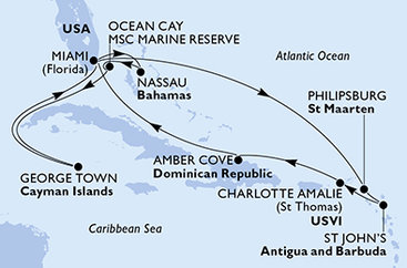 USA, Svatý Martin, Antigua a Barbuda, Dominikánska republika, Bahamy, Kajmanské ostrovy z Miami na lodi MSC Seashore